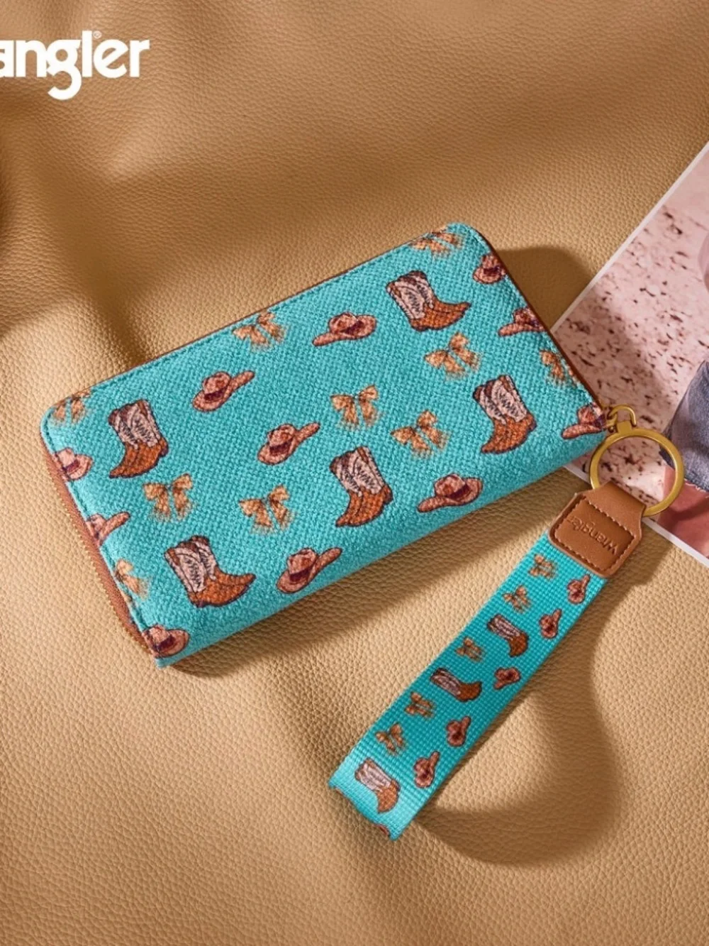 Wrangler Western Print RFID Blocking Zippered Wallet Turquoise